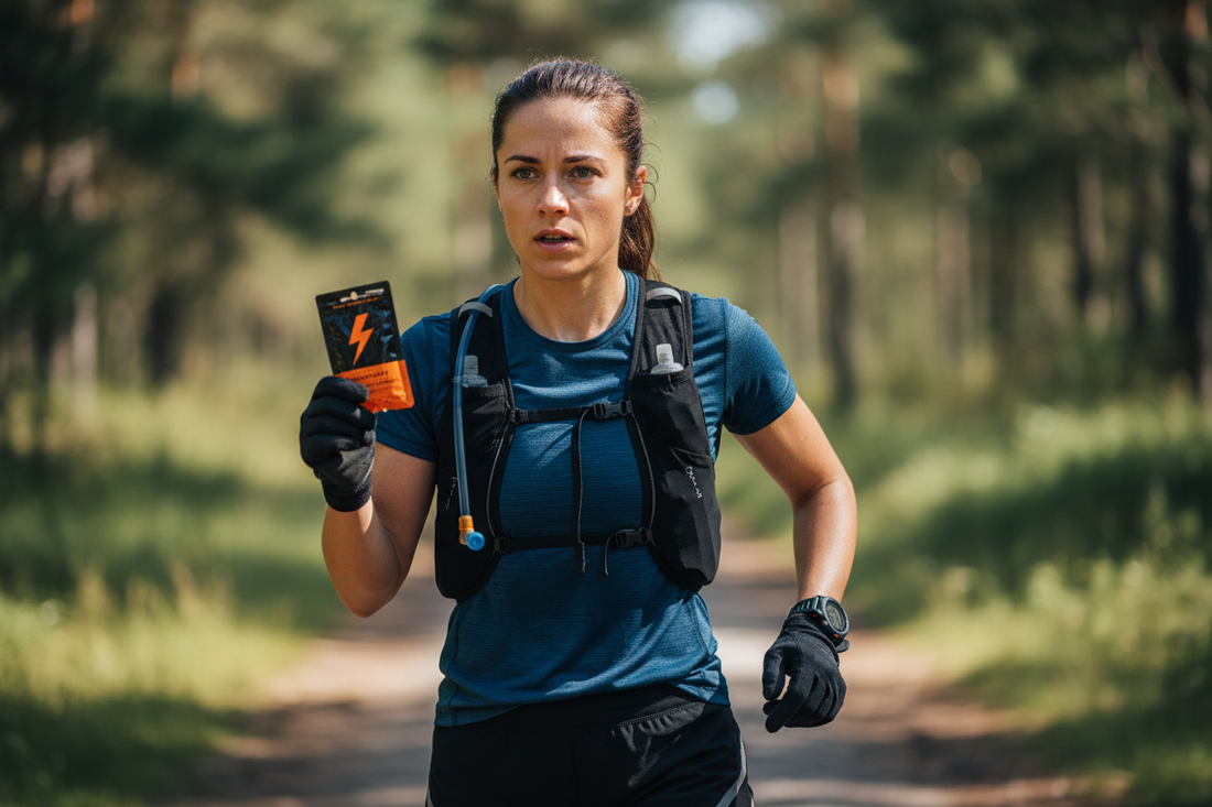 Kvinnlig löpare med energigel i handen