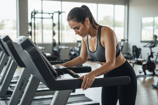 Kvinnlig löpare vilar utmattad över löpband på gym