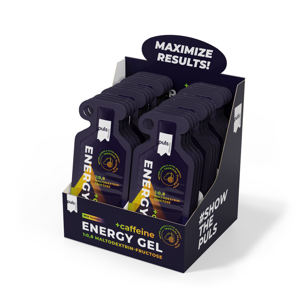 En låda med energigel för löpare