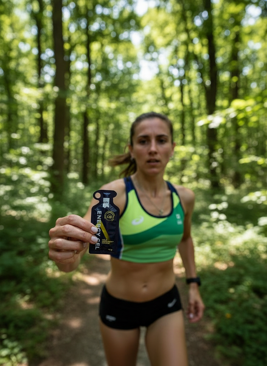 En kvinnlig löpare med en gel i handen