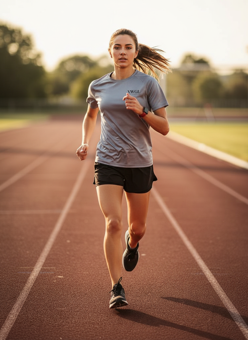 En kvinnlig löpare springer på en löpbana