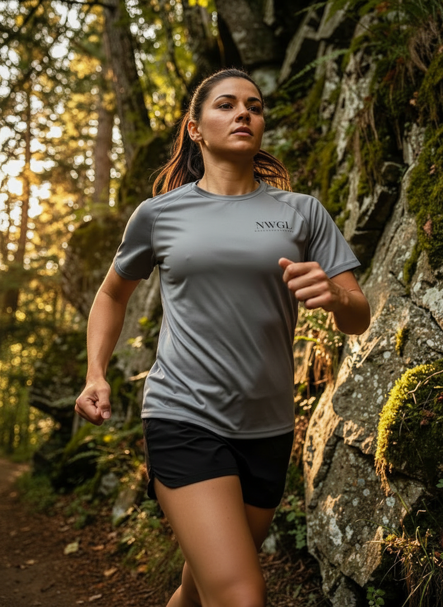 En kvinnlig löpare springer i skogen