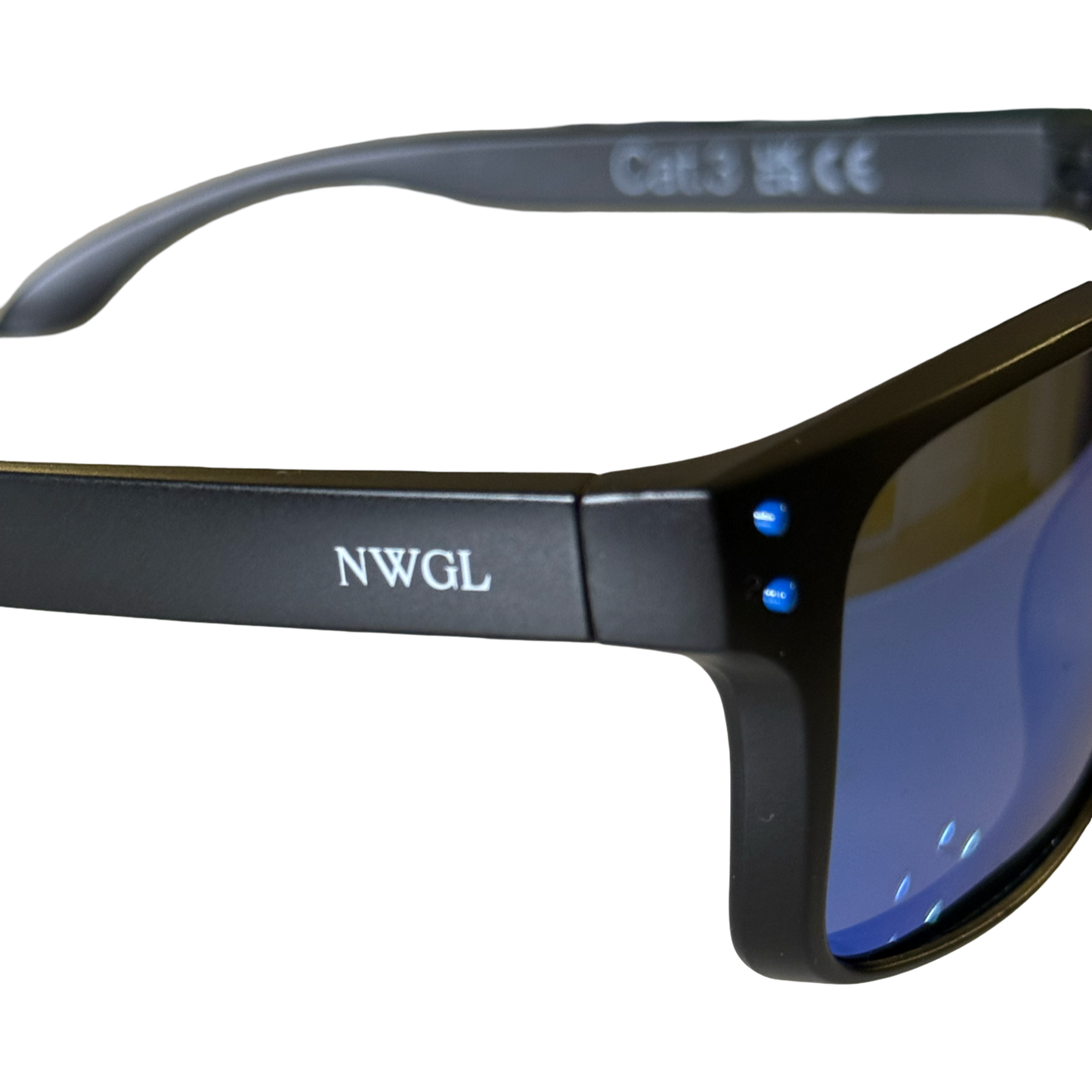 Solglasögon på nära håll. Text nwgl