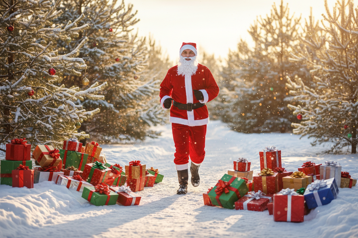 löpare i tomtedräkt med julklappar omkring sig
