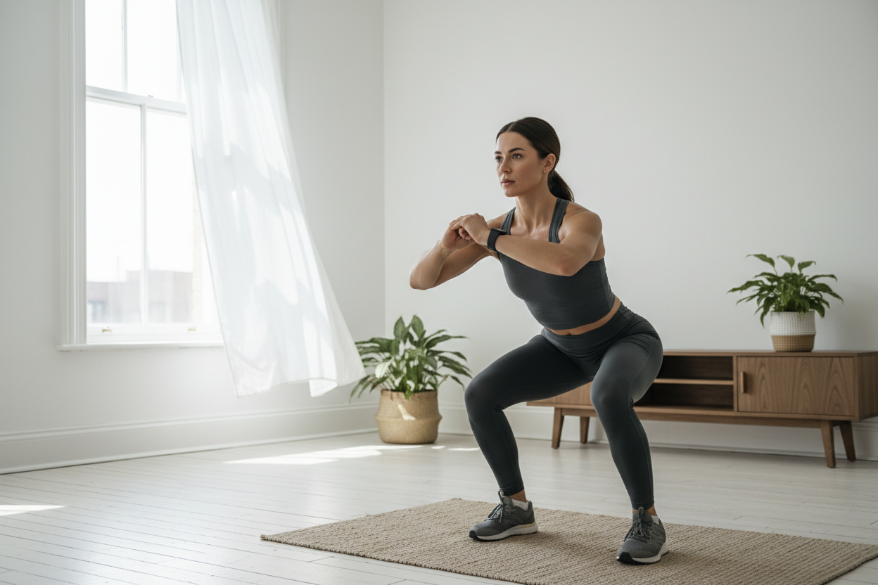 Skapa en bild åt mig med en kvinnlig löpare som inomhus tränar knäböj. Det ska inte finnas gymutrustning i bilden. 