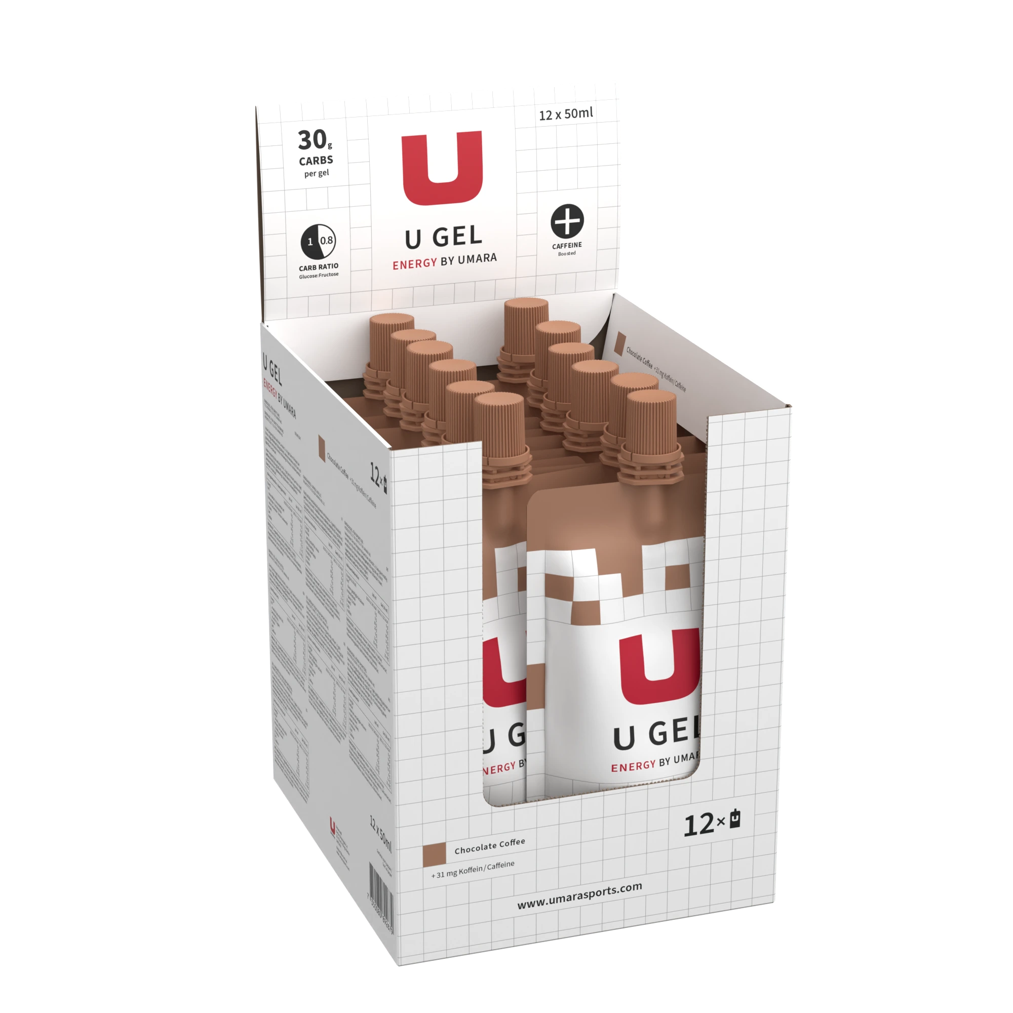 Bild på en massa gels i en kartong. Smak choklad och kaffe. Märke Umara
