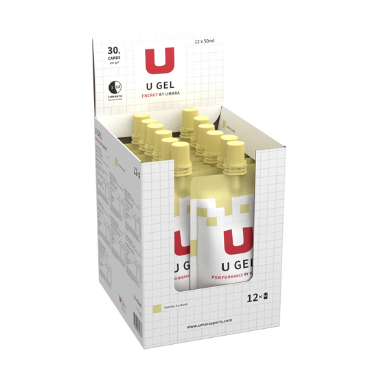 Energigel med smak av vaniljsås, märke Umara